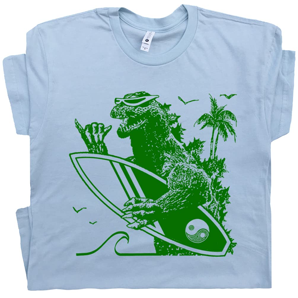 Vintage Surfing Dinosaur T-Shirt for Men, Women & Kids - Retro Surf Shop Graphic Tee with Cool Surfboard Design | Perfect for Beach Parties, Surfing Trips & Casual Wear