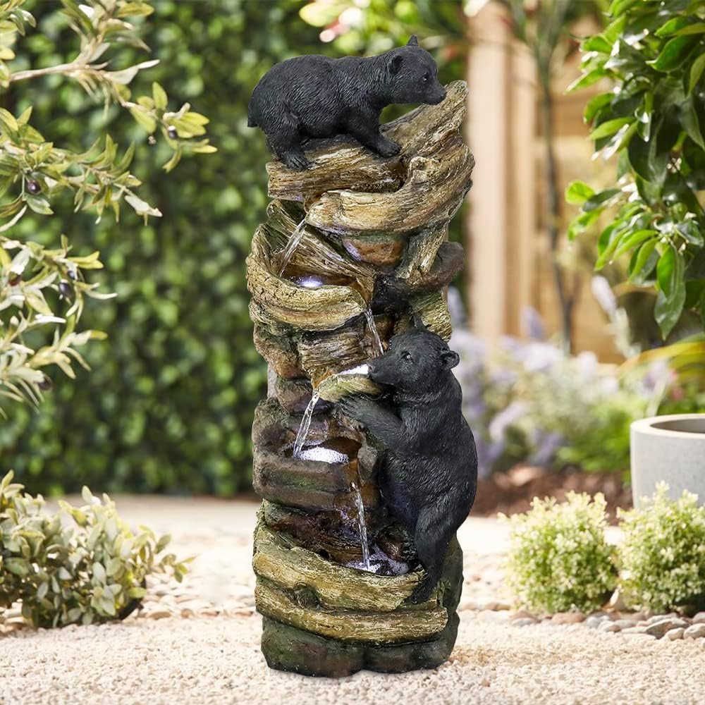 39.3 Inch 5-Tier Outdoor Garden Water Fountain with LED Lights - Bear Climbing Tree Resin Fountain for Patio, Deck, Yard - Perfect for Relaxation & Landscape Decoration (Brown)