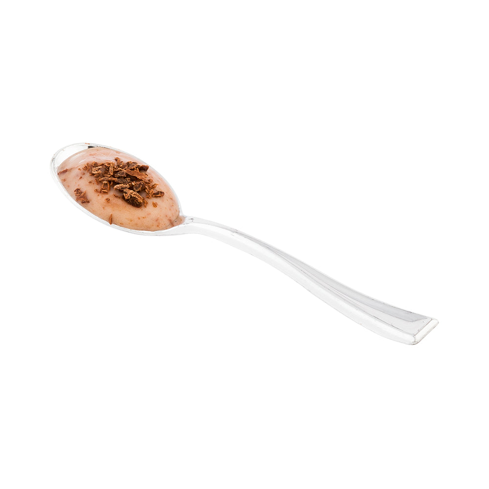 100 Pack 2 oz Square Clear Plastic Mini Apogee Kova Cups with 100 Silver Plastic Mini Spoons - Perfect for Parties, Weddings, and Dessert Tastings