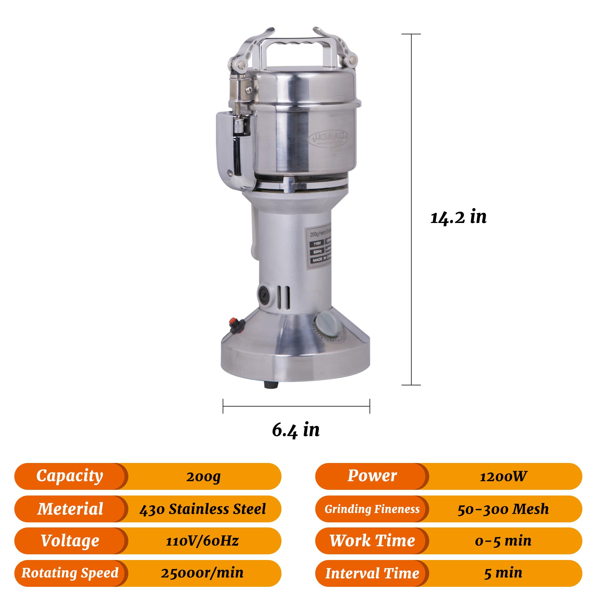 200g Electric Grain Grinder - 1200W High-Speed Stainless Steel Powder Mill for Coffee Beans, Spices & Herbs | Commercial & Home Use for Grinding Corn, Pepper & Dry Ingredients