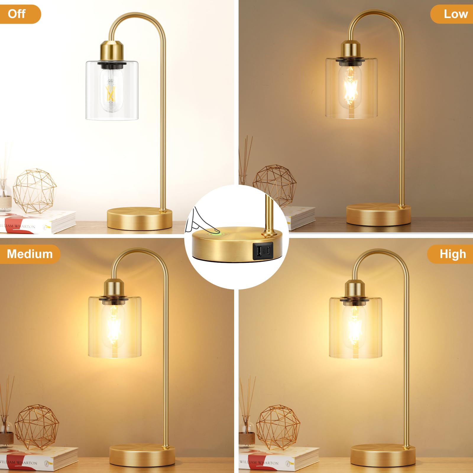 Premium Industrial Gold Table Lamps Set of 2 - 3-Way Dimmable Touch Control LED Desk Lamps with USB-C & USB-A Charging Ports, Modern Glass Shade Nightstand Lamps for Bedroom, Living Room, Office - Includes Energy Efficient LED Bulbs (Perfect for Reading, Working & Ambient Lighting)