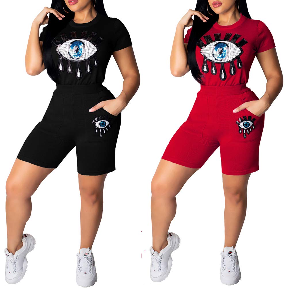 Women's 2 Piece Outfits - Fashion Casual Lip Print Round Neck Long Sleeve Tracksuit Jumpsuit Set for Workout, Lounge & Streetwear