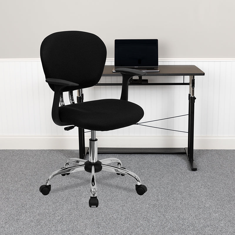 FLASH Beverly Mid Back Black Mesh Office Chair with Padded Seat, Swivel & Adjustable Height, Chrome Base & Arms - Ergonomic Desk Chair for Home & Office Workspace