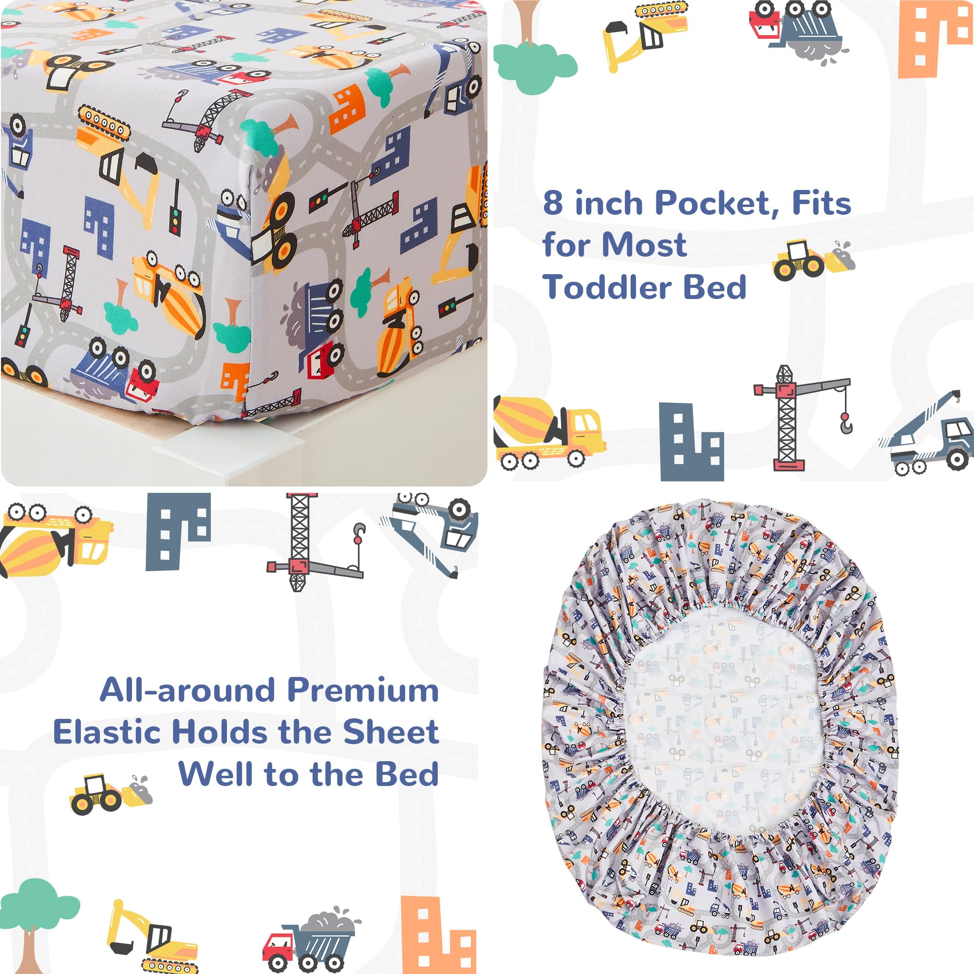 Lasoftan 4-Piece Construction Toddler Bedding Set for Boys - Excavator & Cars Printed, Super Soft Microfiber Comforter, Fitted Sheet, Pillowcase | Perfect for Kids' Room, Nursery & Daycare Use