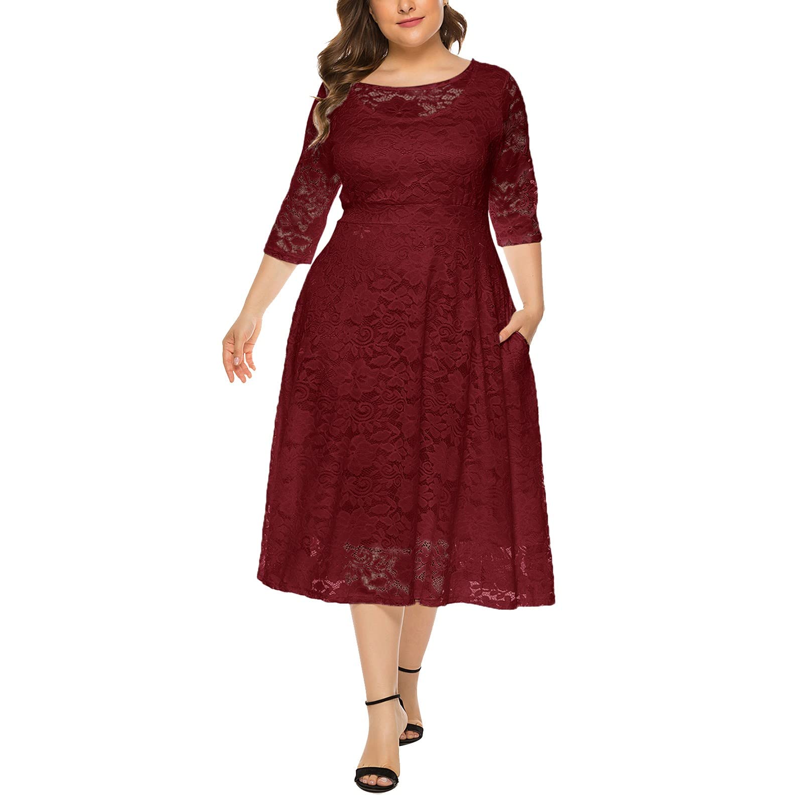 Floral Lace Plus Size Midi Dress for Women - Elegant Scoop Neck Cocktail Party Dress, Wedding Guest Outfit & Special Occasion Wear