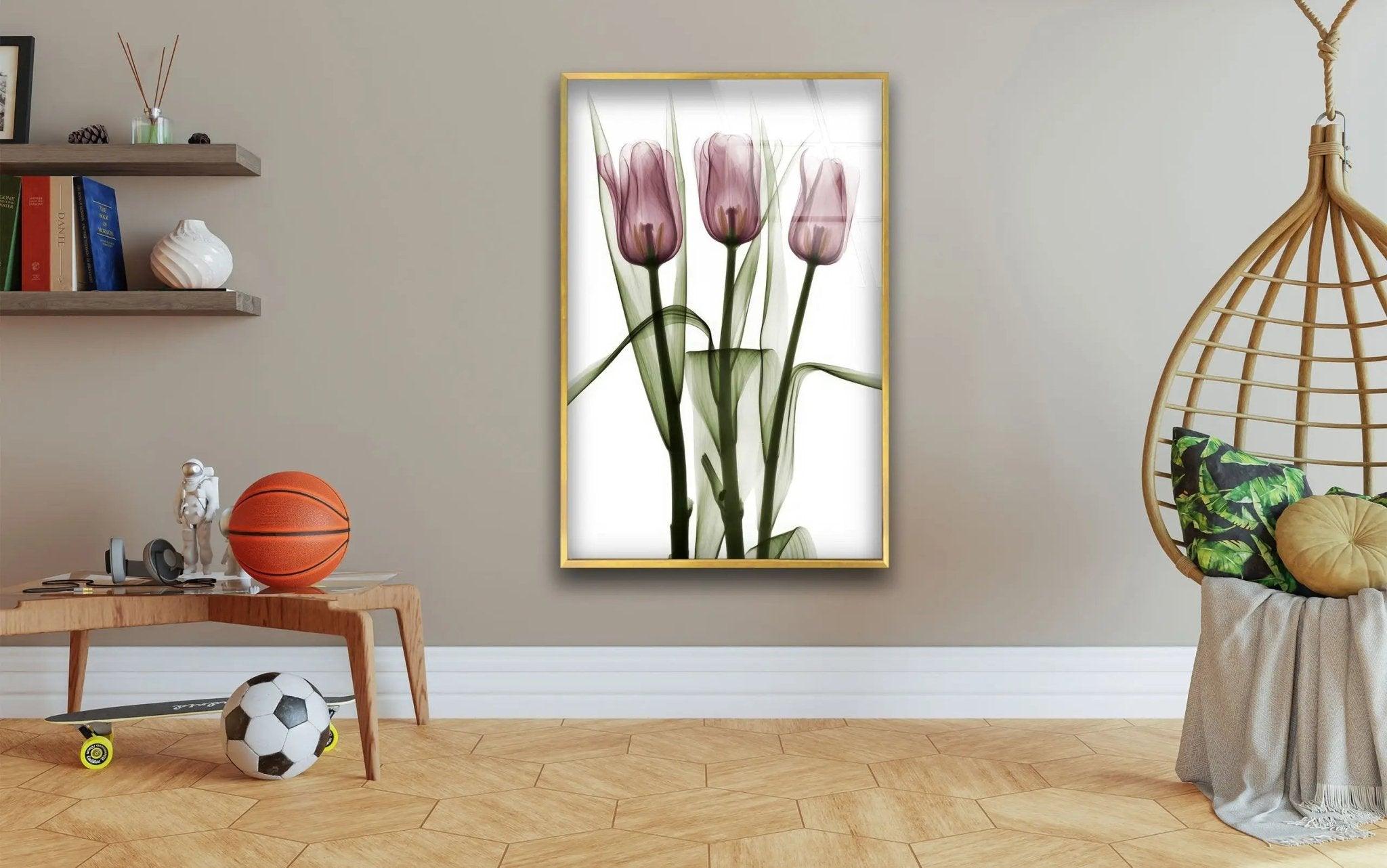 Albert Koetsier Triplet Tulips Stained Glass Wall Art - Handcrafted Floral Home Decor for Living Room, Bedroom & Office