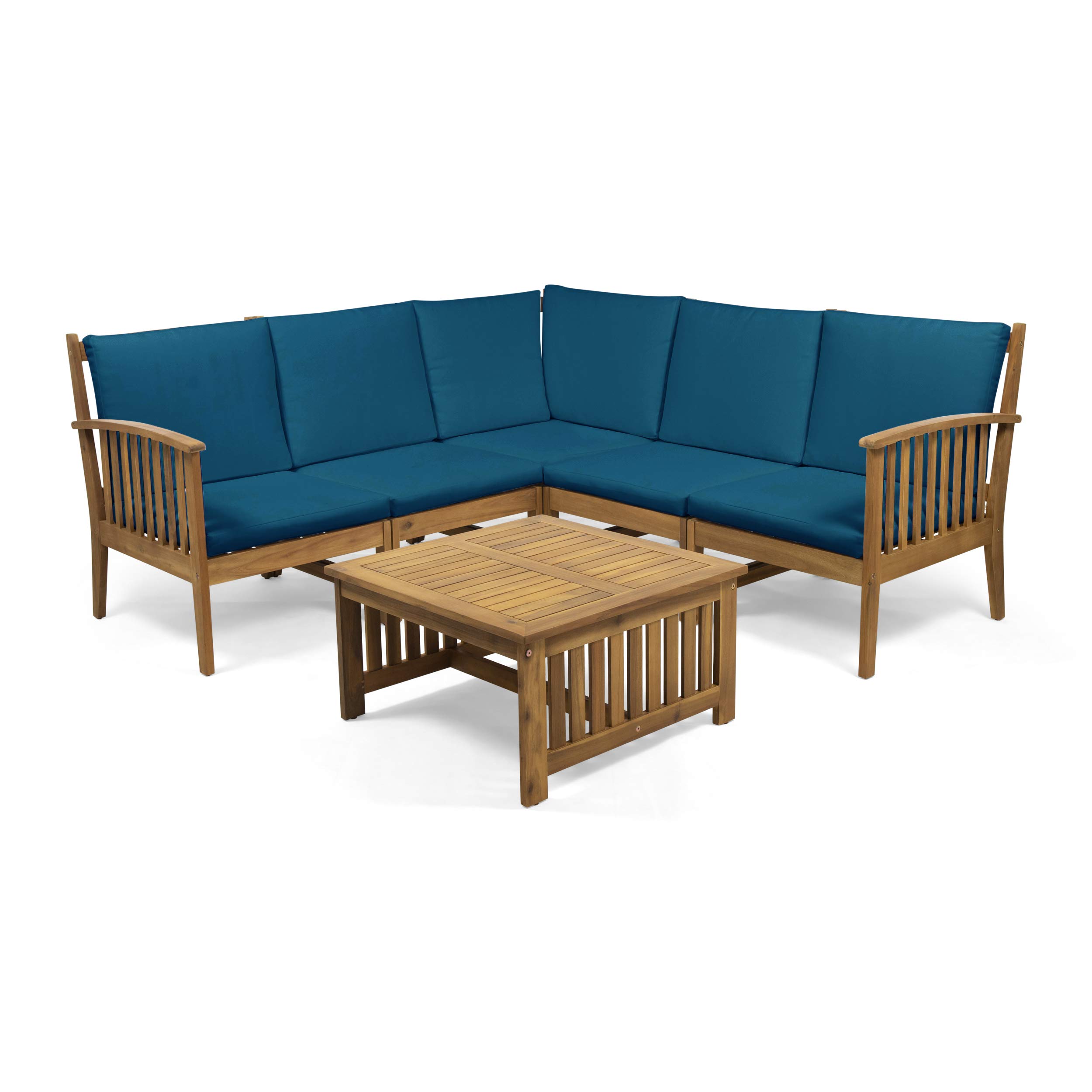 Premium 5-Piece Acacia Wood Outdoor Sectional Sofa Set with Water-Resistant Brown & Dark Teal Cushions - All-Weather Patio Furniture for Backyard, Garden, Deck, Poolside & Porch | Perfect for Outdoor Entertaining, Sunbathing, Relaxation & Creating Cozy Spaces | Great for BBQs, Family Gatherings & Summer Evenings