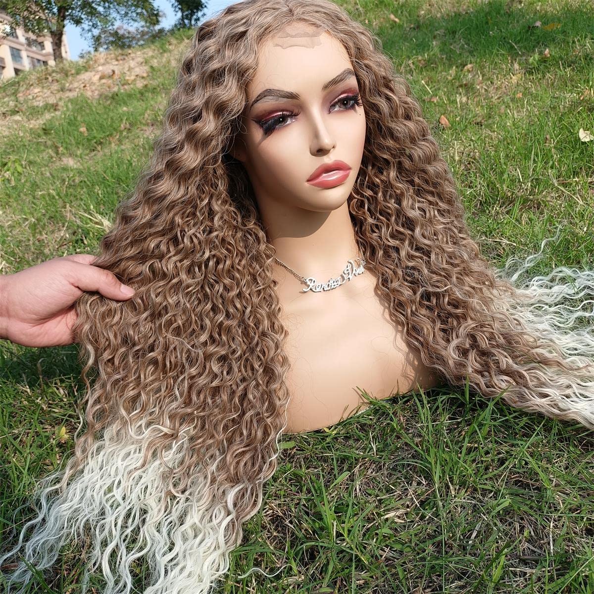 Blonde Curly Wigs for Women - Long Ombre Synthetic Kinky Curly Wig with Deep Wave (27/613 Blonde to White, 28 Inch) - Afro Style Middle Part Natural Hair Replacement Wig for African American Women - Perfect for Daily Wear, Cosplay, Parties & Special Occasions