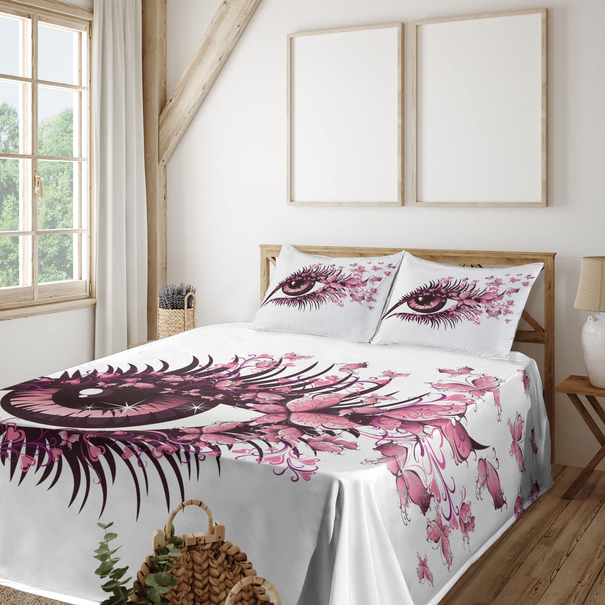 Ambesonne 4-Piece Queen Sheet Set - Butterfly & Eyelash Mascara Animal Print Bedding in Pale Pink Purple | Soft Fitted & Flat Sheets with Pillowcases | Perfect for Girls' Bedrooms, Dorm Decor or Unique Gift