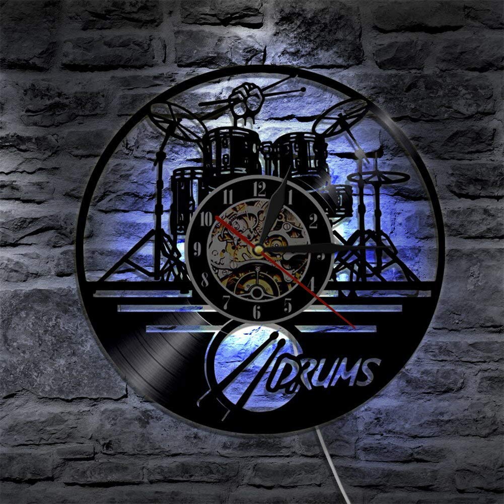Silent Wall Clock with Carved Drum Design - Vinyl Record Style with LED Lights for Training Room, Music Room & Bedroom | Perfect for Home Decor & Gift Giving