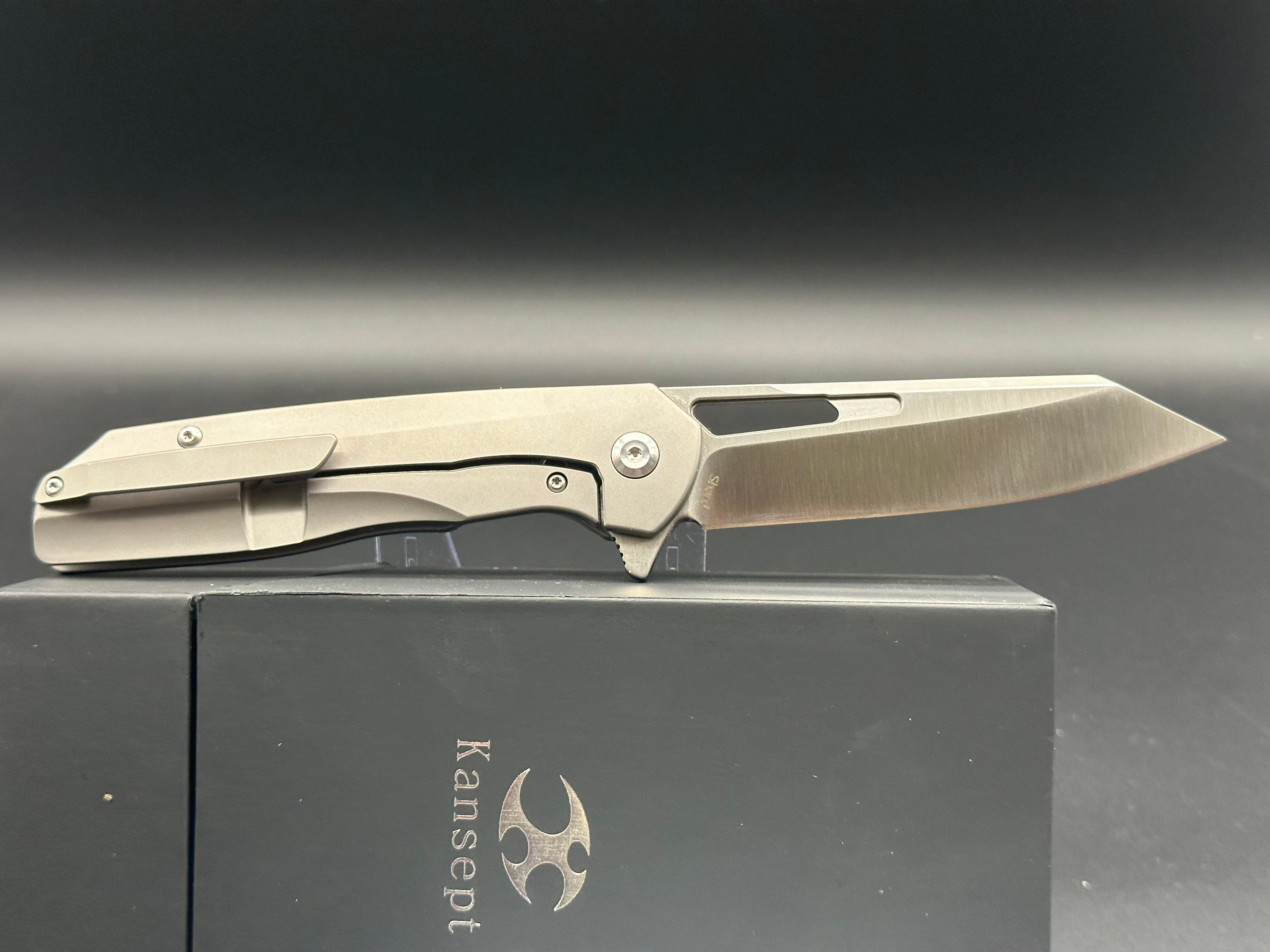 Kansept Shard Gray Titanium Frame Knife with Bronze Inlays - EDC Folding Pocket Knife for Outdoor, Camping, and Everyday Carry