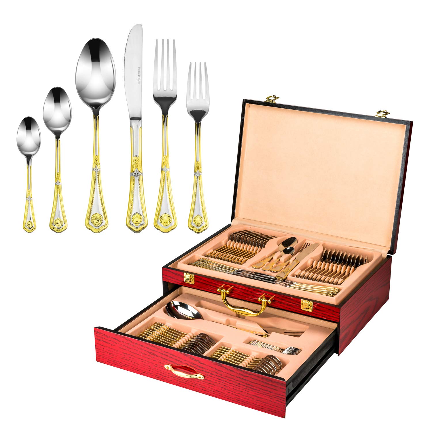 75-Piece 'Seashell' Luxury 18/10 Stainless Steel Flatware Set - 24K Gold-Plated Cutlery & Hostess Serving Set in Cherry Wood Case, Service for 12 - Perfect for Dinner Parties, Weddings & Upscale Dining