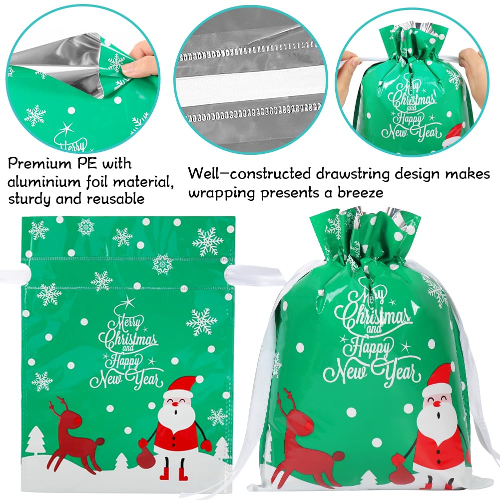 HRX 30-Piece Foil Drawstring Christmas Gift Bags Set - Assorted Sizes for Holiday Presents & Party Favors | Festive Xmas Wrapping Pouches for Gifts, Stocking Stuffers & Secret Santa Exchanges
