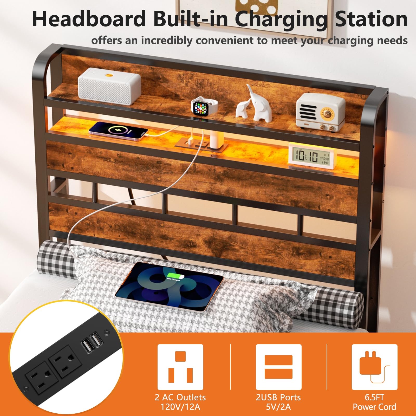 Twin Size Headboard with 2 Outlets & 2 USB Ports - Adjustable Charging Station & 2-Tier Storage Shelf - Rustic Brown Bed Headboard for Dorm, Bedroom, or Apartment - Sturdy & Functional Cabeceras de Cama