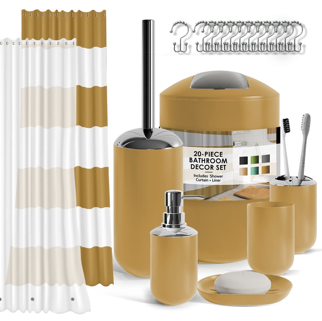 Clara Clark 20-Piece Gold Bathroom Accessories Set - Shower Curtain with Liner, Toothbrush Holder, Soap Dispenser, Soap Dish, Toilet Brush Holder & Trash Can | Luxury Bath Decor for Modern Homes & Hotel Style Bathrooms