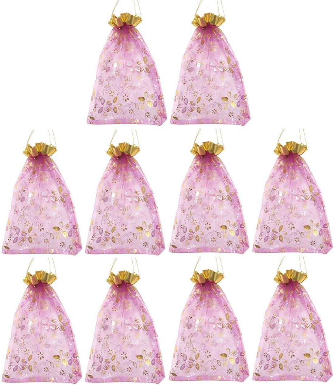Purpledip Polyester Net Brocade Gift Pouch - Fuschia Rani Pink, 9 Inches (Pack of 10) - Elegant Potli Bags for Wedding Favors, Party Gifts & Jewelry Storage (12081B)