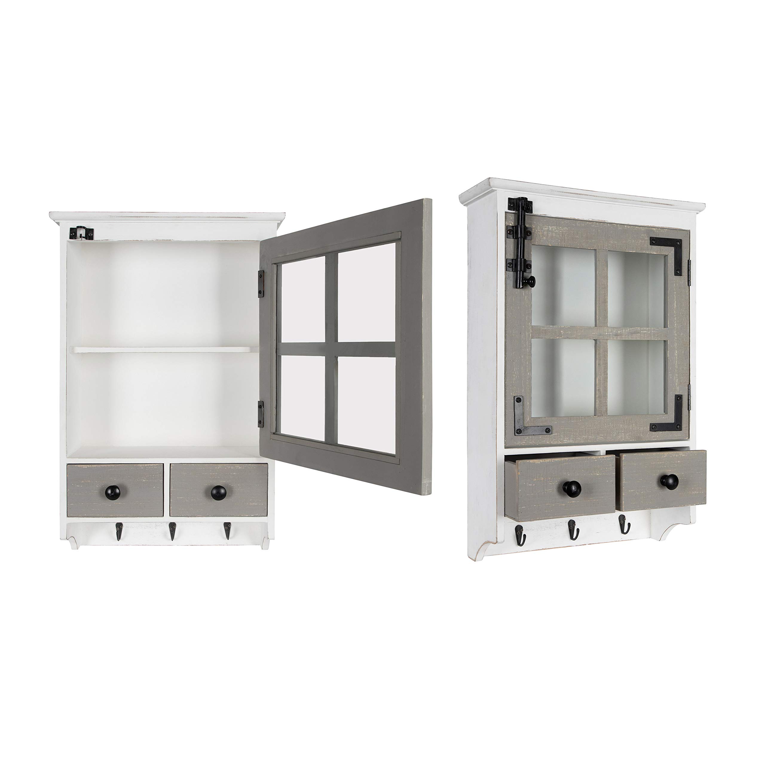 Kate & Laurel Hutchins Farmhouse Wall Cabinet - White & Gray Wooden Storage with Glass Door & 2 Drawers | Rustic Home Decor for Kitchen, Bathroom or Entryway Organization