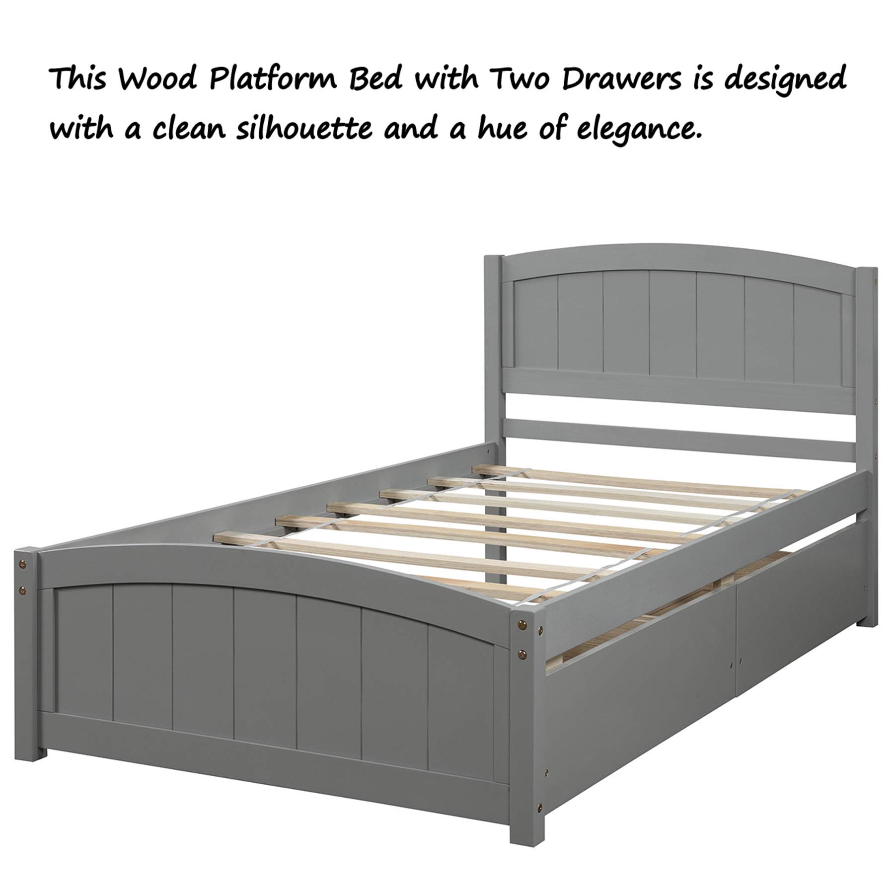 P PURLOVE Twin Size Platform Bed Frame with Headboard & 2 Storage Drawers - Modern Gray Wooden Bed for Small Spaces | Perfect for Kids, Teens & Guest Rooms
