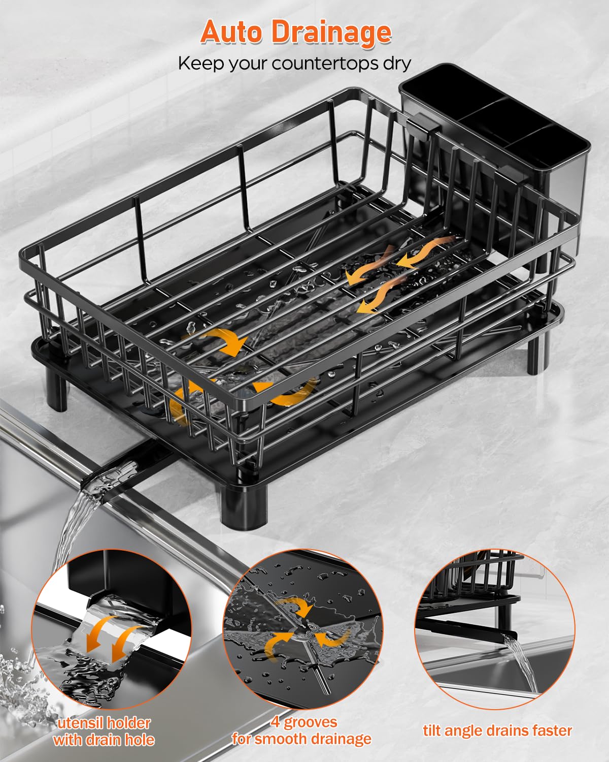2 Tier Stainless Steel Dish Drying Rack with Drainboard - Space Saving Kitchen Counter Organizer for Dishes, Cups, Utensils, Knives, Spoons & Forks | Perfect for Small Kitchens, Apartments & RVs (Black)