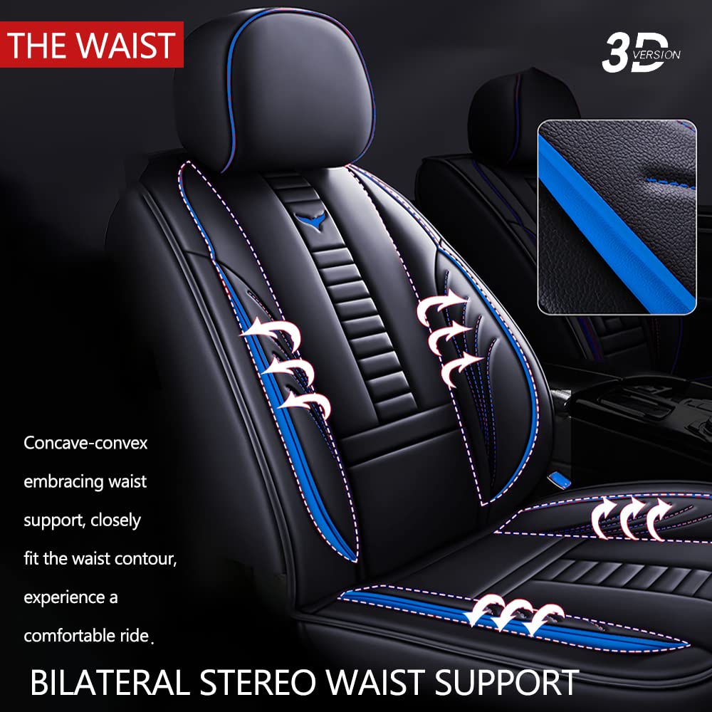 Universal Fit PU Leather Car Seat Covers Full Set for 2016 Chevy Cruze Limited - Black & Blue Stitching with Headrest & Lumbar Support - Perfect for Daily Commuting, Road Trips & Interior Protection