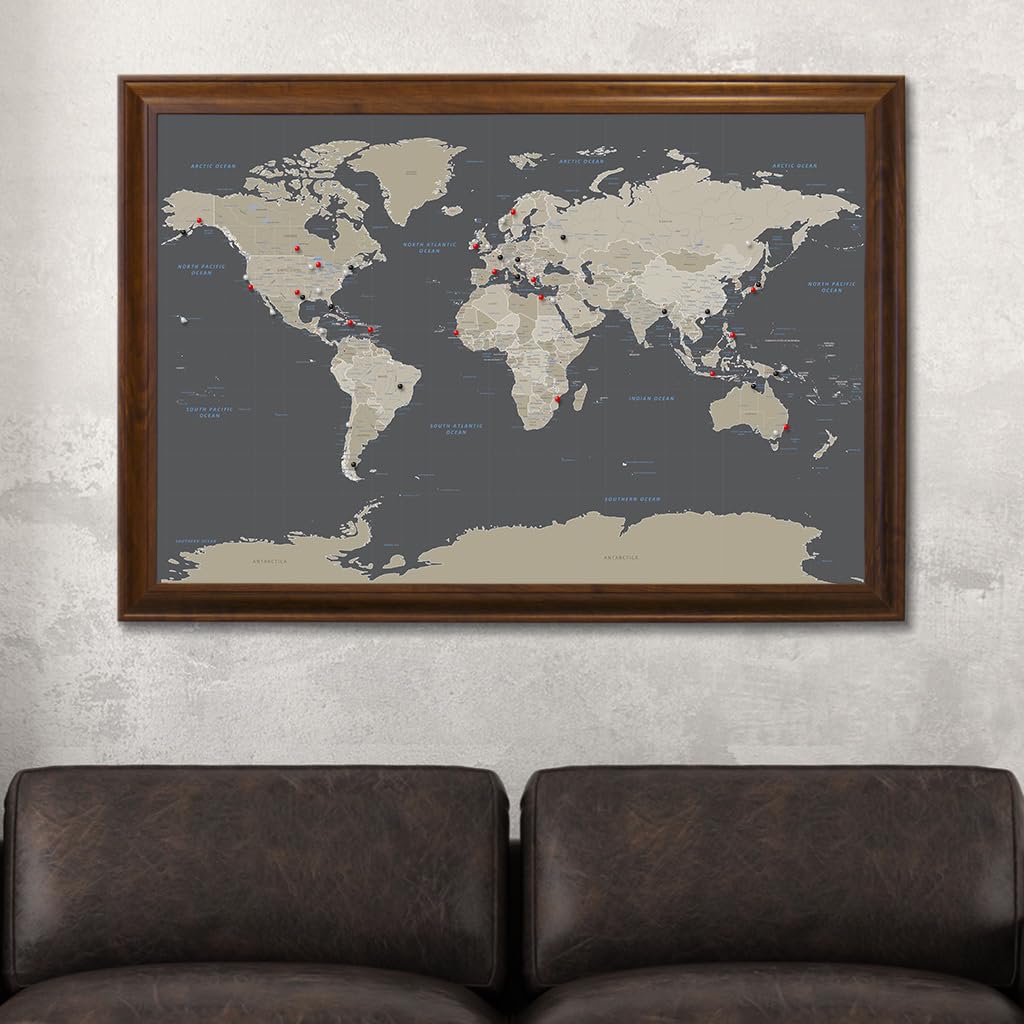 Custom Push Pin Travel Map - Handmade World Map Wall Art with 150 Pins, Earth Tones & Brown Wood Frame (27.5