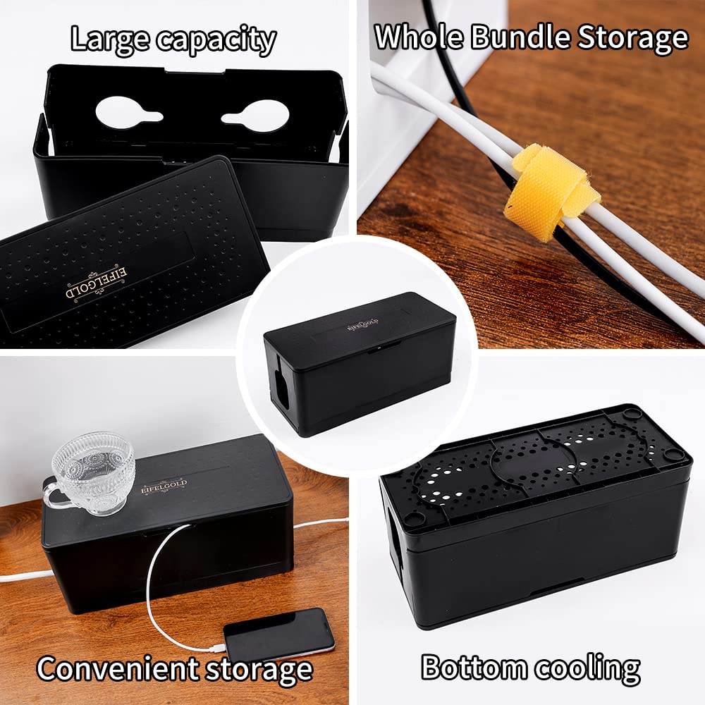 Foldable Large Cable Management Box - ABS Cord Organizer & Hider for TV, Computer & Home Office - Black Cable Concealer Box (1-Pack) - Perfect for Desk, Entertainment Center & Wire Organization