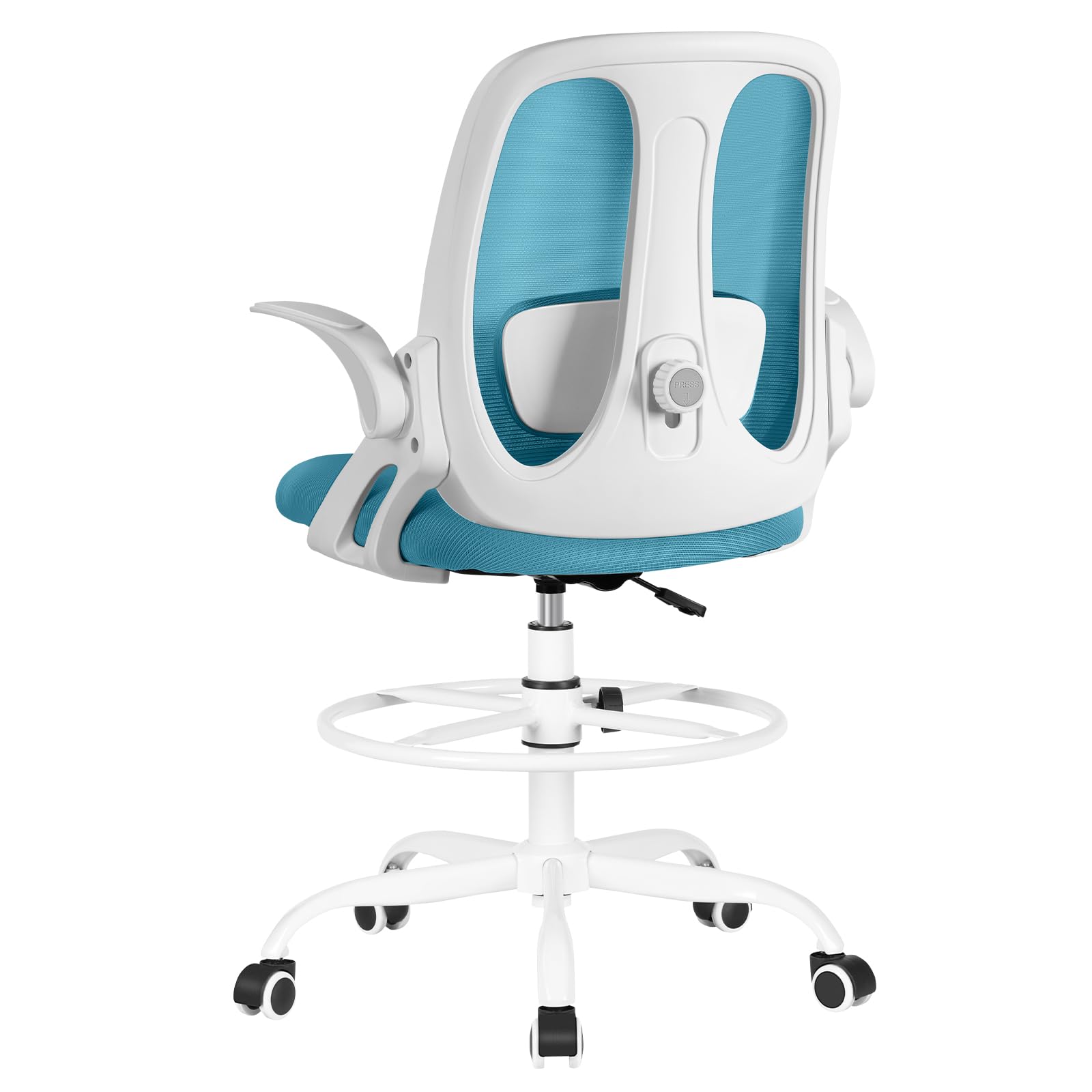 Razzor Ergonomic Drafting Chair - Adjustable Height Office Stool with Lumbar Support, Flip-Up Armrests & Footrest Ring - Blue - Perfect for Architects, Designers & Standing Desk Workstations