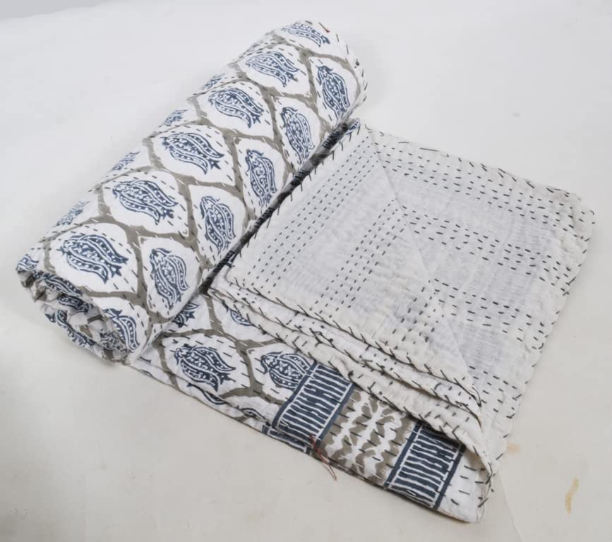 YUVANCRAFTS Indian Hand Block Print Kantha Quilt - 100% Cotton Kantha Throw Blanket & Bedspread - Queen/King Size (108x108 Inch) Multi Floral Design - Perfect for Bedroom Decor, Sofa Cover, or Boho Chic Home Accent