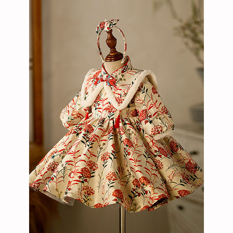 Elegant Floral Chinese Style Princess Dress for Baby Girls - Stand Collar with Disc Buttons - Toddler New Year's Party & Photo Shoot Outfit