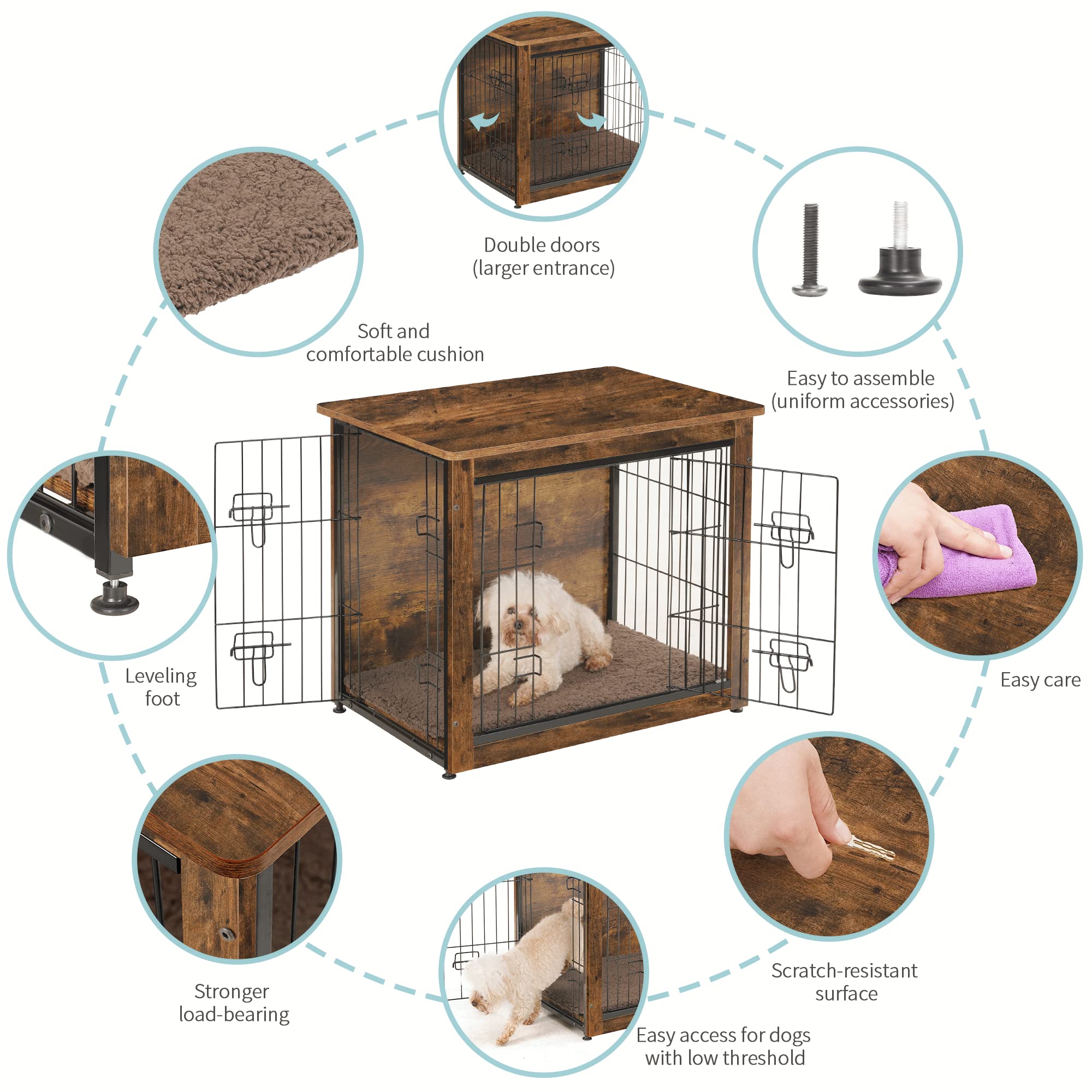 DWANTON Wooden Dog Crate Furniture with Cushion - Double Door Indoor Kennel Table for Small Medium Large & XL Dogs (27.2