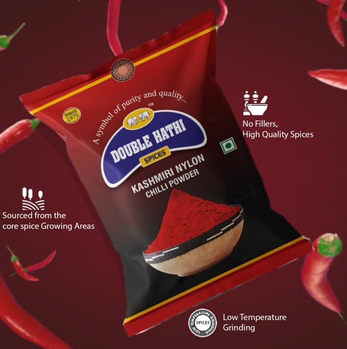 Premium Double Hathi Kashmiri Nylon Chilli Powder | 100% Natural Lal Mirchi Powder | Mild Hot Red Pepper Powder | No Preservatives or Artificial Colors | 500g Pouch | Perfect for Indian Cooking, Curry, BBQ & Spice Blends