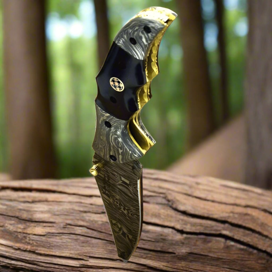 Premium Exodus Gentleman's Knife with Leather Sheath - Genuine Bull Horn Handle & Included Knife Sharpener - Perfect for Outdoor Adventures, Camping & EDC (Everyday Carry)