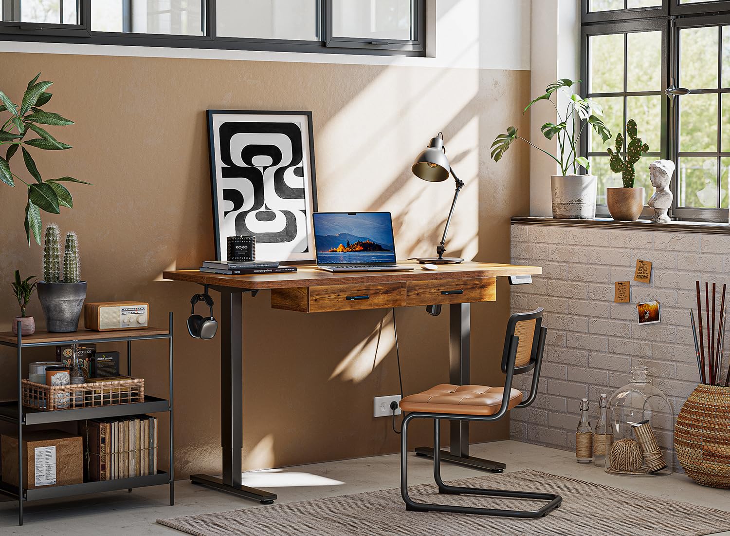 FEZIBO 55x24 Inches Adjustable Height Electric Standing Desk with Double Drawers - Black Frame & Fir Brown Splice Tabletop | Ergonomic Home Office Desk for Work, Study & Gaming