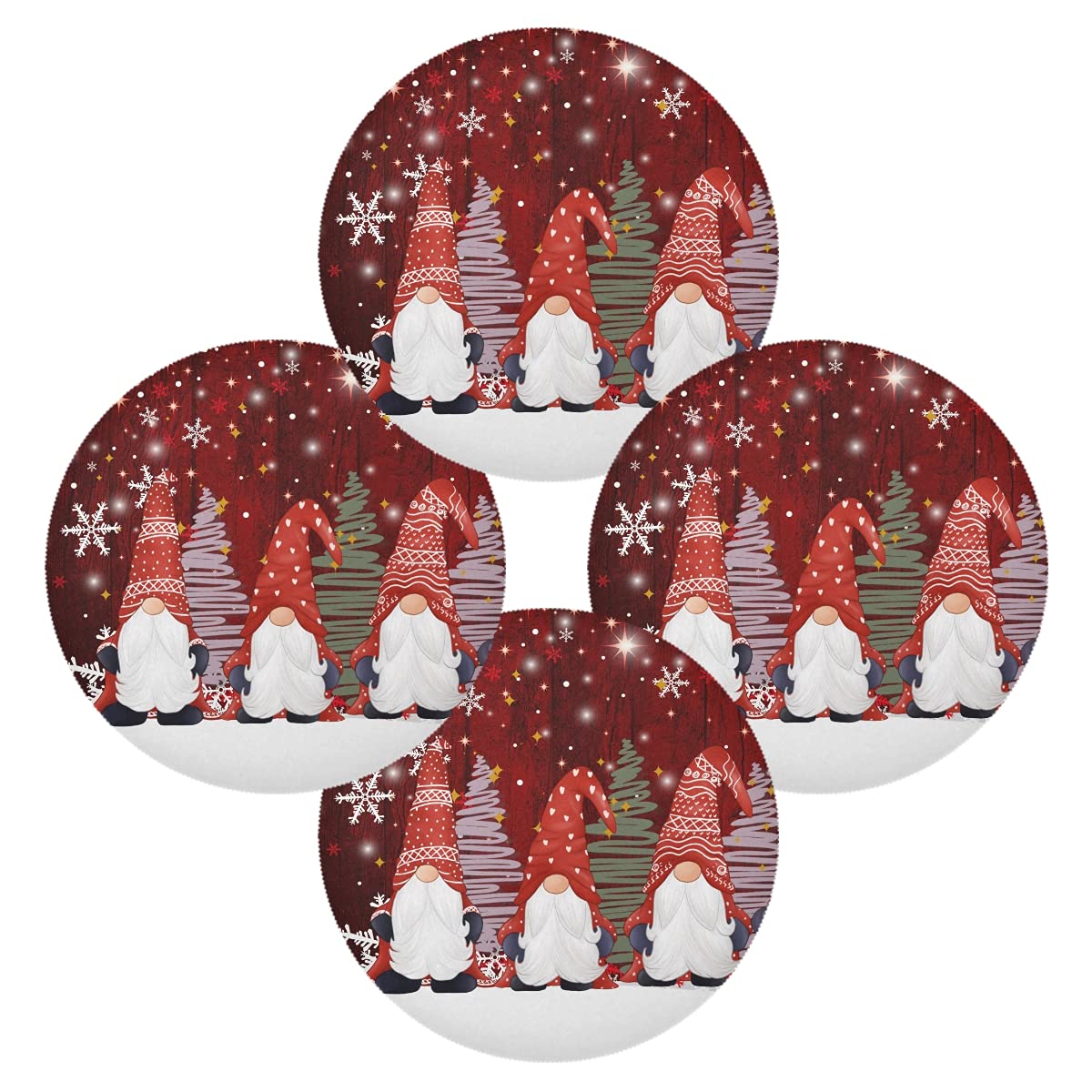 Christmas Gnomes Round Placemats Set of 6 - 17 Inch Non-Slip Dining Table Mats with Snowflake Tree Design, Easy to Clean Kitchen Table Decor for Home, Wedding & Holiday Parties - Perfect for Christmas Dinner, Winter Gatherings and Festive Home Decor