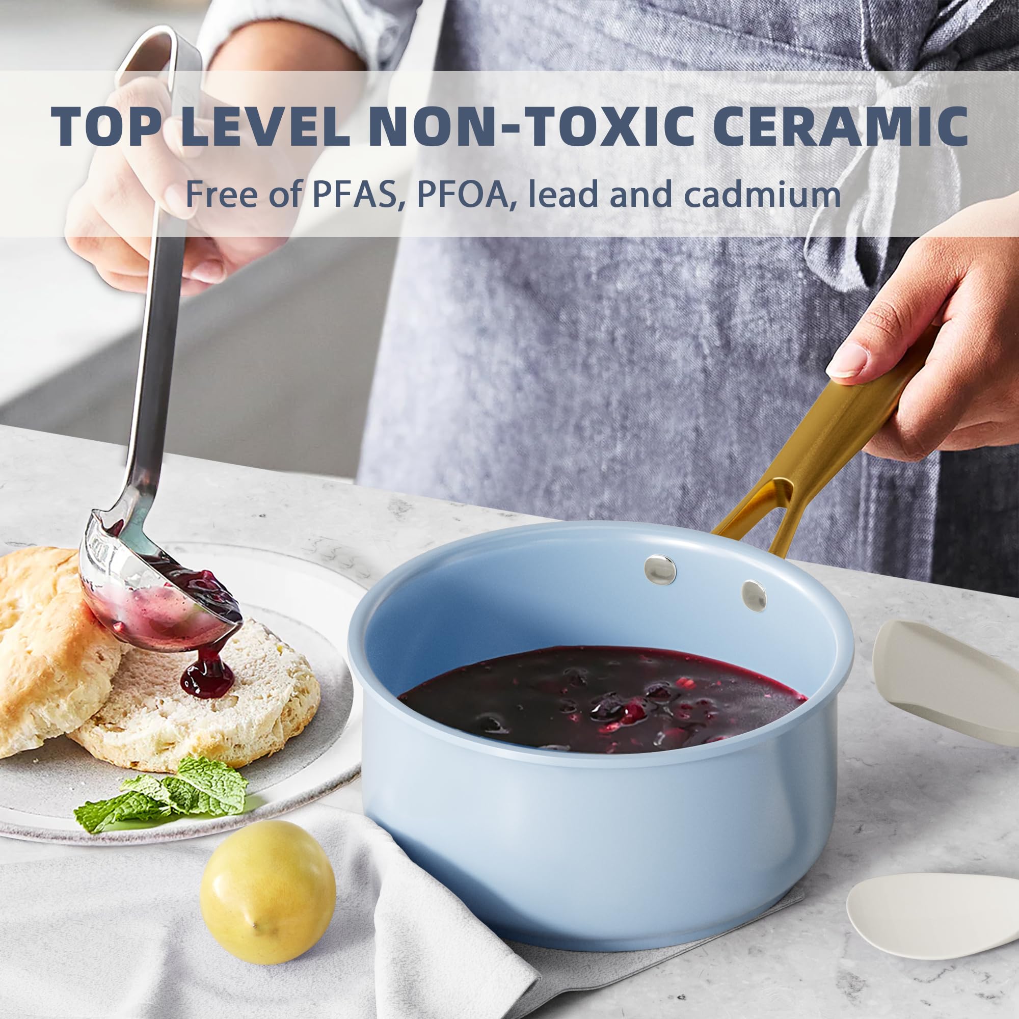 VONIKI 10-Piece Non-Toxic Ceramic Cookware Set with Utensils - PFAS-Free, Induction Compatible, Oven & Dishwasher Safe Blue Pots and Pans for Healthy Cooking | Perfect for Sauteing, Boiling & Family Meals