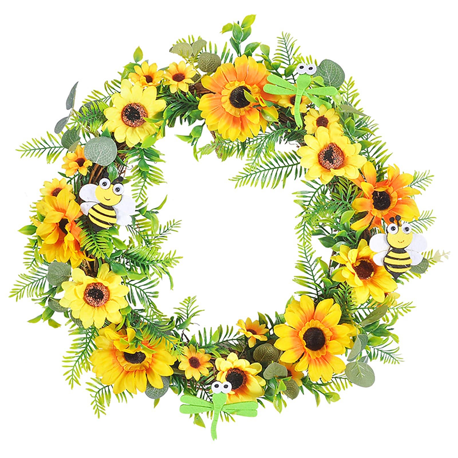 15.7 Inch Artificial Sunflower Wreath - Yellow Floral Door Hanging Garland with Green Leaves for Spring Summer Decor | Perfect for Front Door, Home, Wedding & Festival Decoration