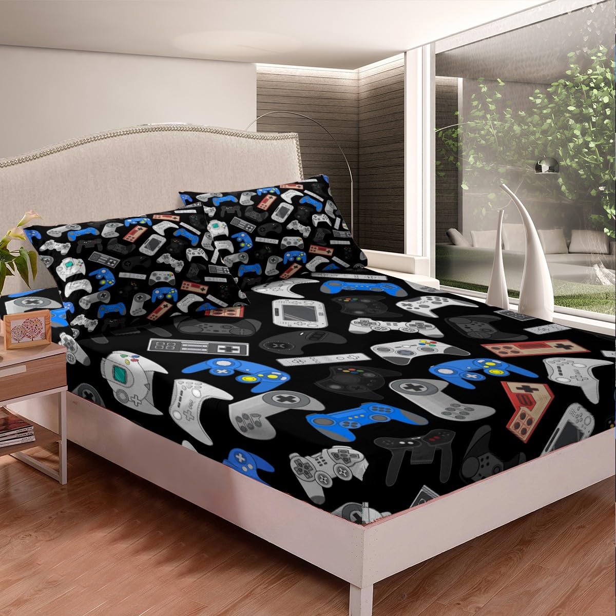 Queen Size Gaming Bed Sheet Set for Teens & Kids - Breathable 3-Piece Video Game Themed Bedding Decor for Boys & Gamers - Perfect for Bedrooms & Game Rooms (Fitted Sheet Only)