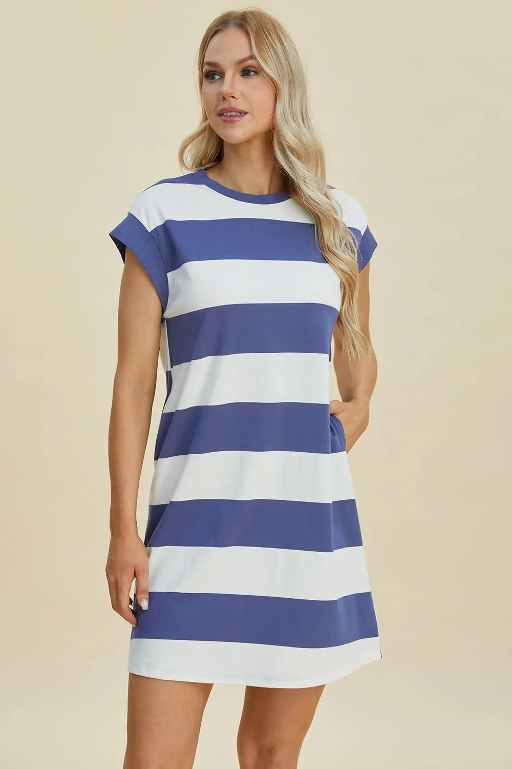 Basic Bae Women's Full Size Striped Round Neck Cap Sleeve Mini Dress - Casual Summer Outfit for Beach, Party & Date Night