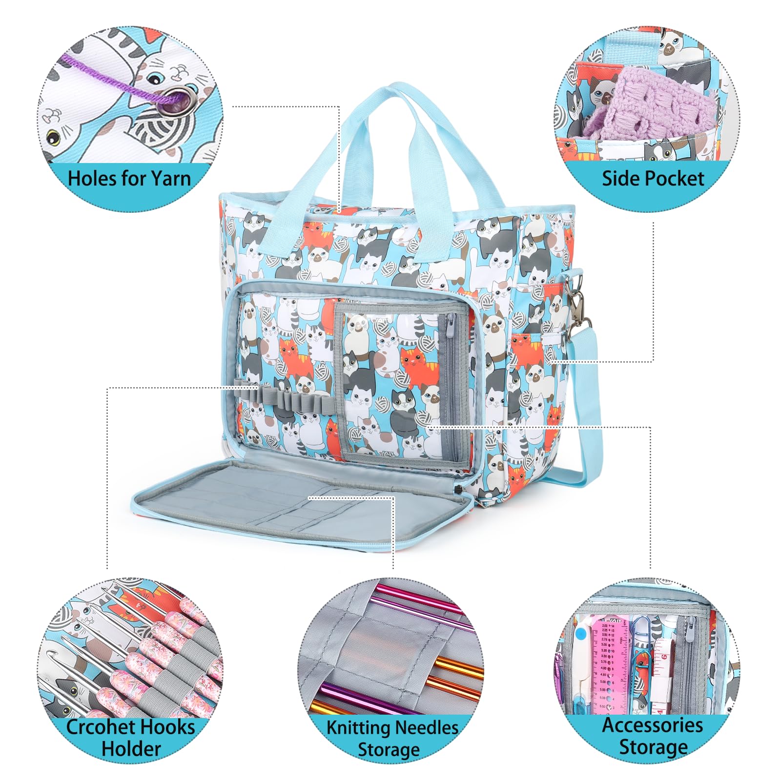 Crochet Bag for Yarn Storage - Large Knitting Tote with Pockets for Needles & Hooks | Travel & Craft Projects - Blue Cat Design