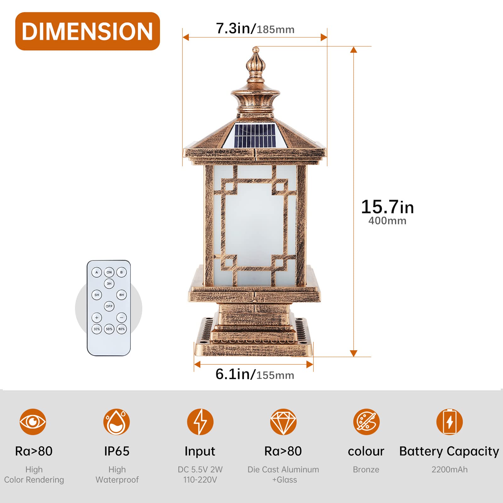 Solar LED Post Light Outdoor - Dimmable Aluminum Fence Cap Lamp with Remote Control, IP65 Waterproof Solar Pillar Lights for Garden, Yard, Pathway (15.7