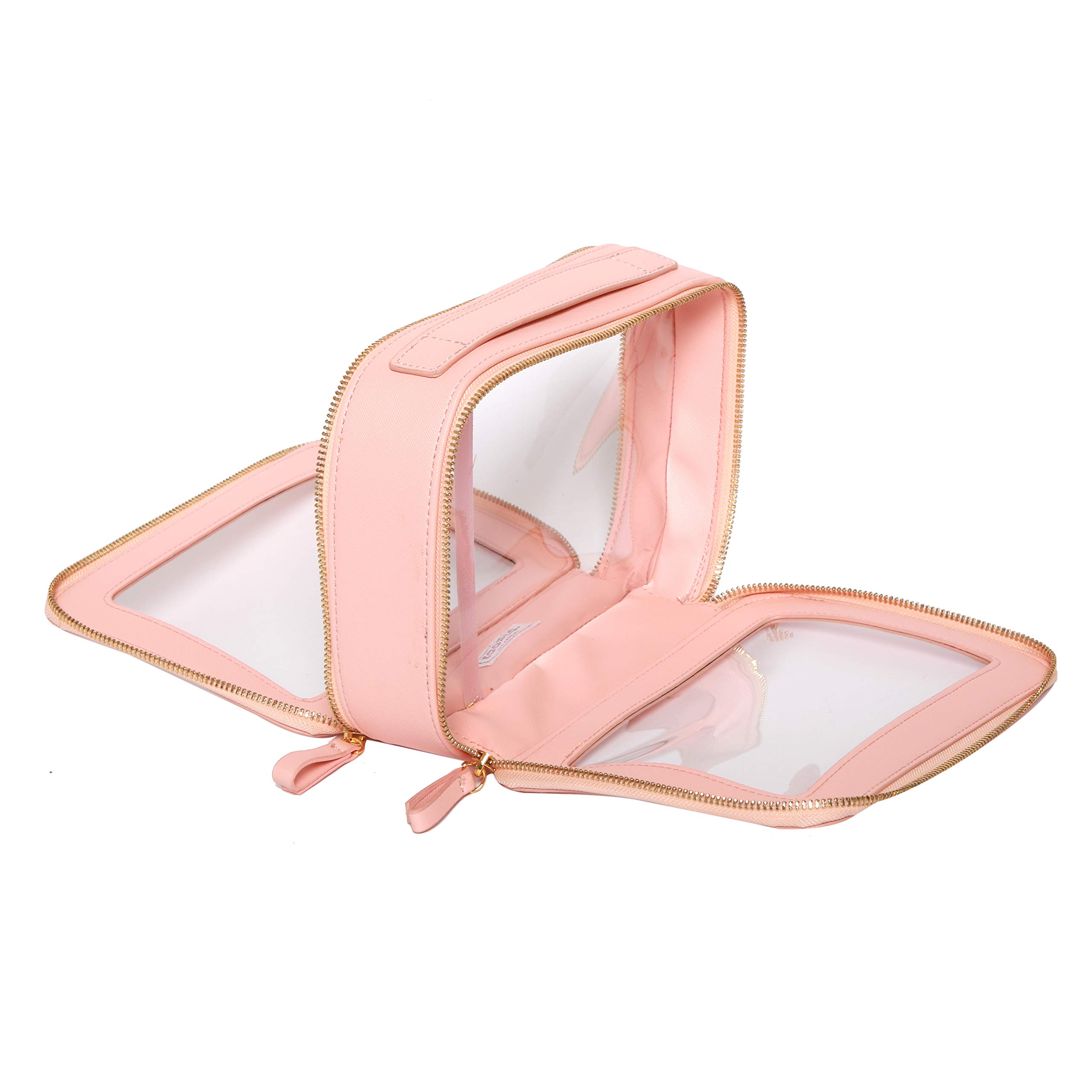 ZOOX Clear Jetset Large Makeup Bag for Travel - 2-Layer Cosmetic Organizer with Compartments, Pink TSA Approved Toiletry Case - Perfect for Airplane Carry-on & Vacation Essentials Storage