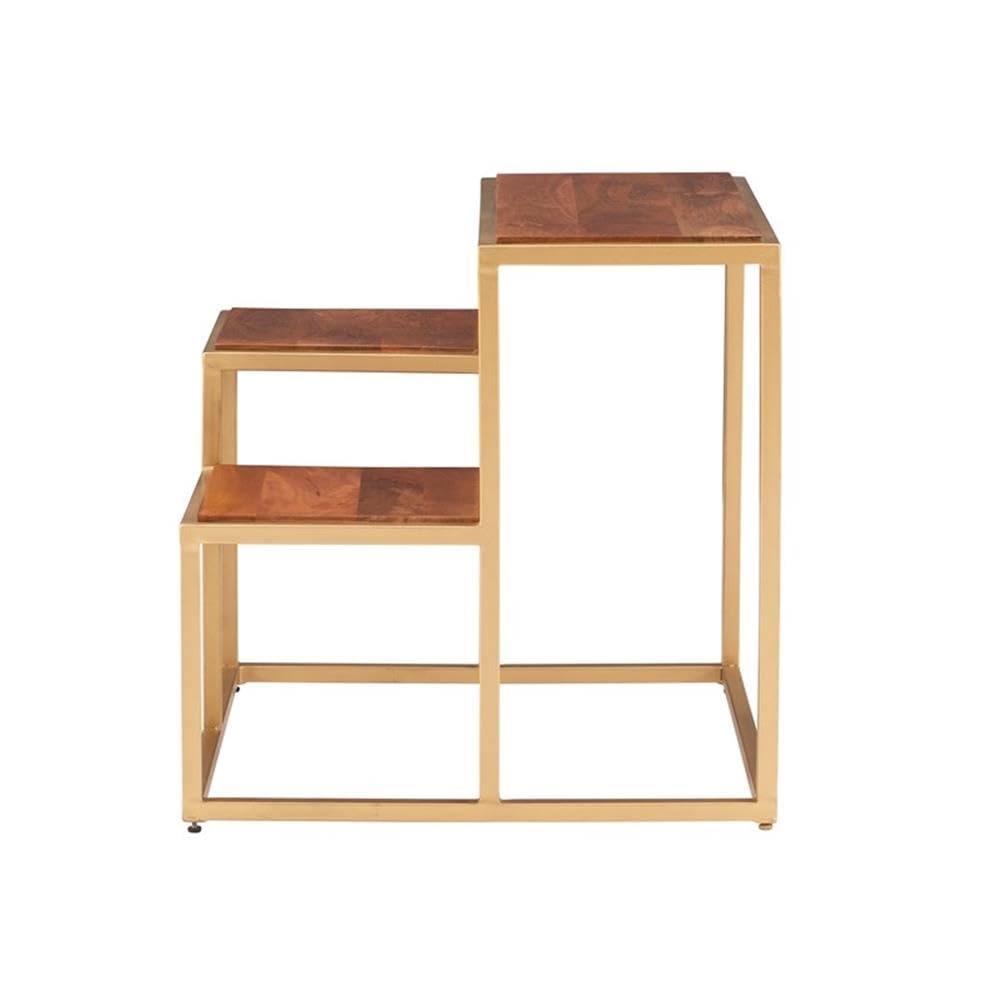 Linon Elijah 3-Tier Wood & Iron Side Table - Gold/Natural Finish | Perfect for Living Room, Bedroom, or Balcony Plant Stand | Multi-Purpose Storage Shelf for Home Decor