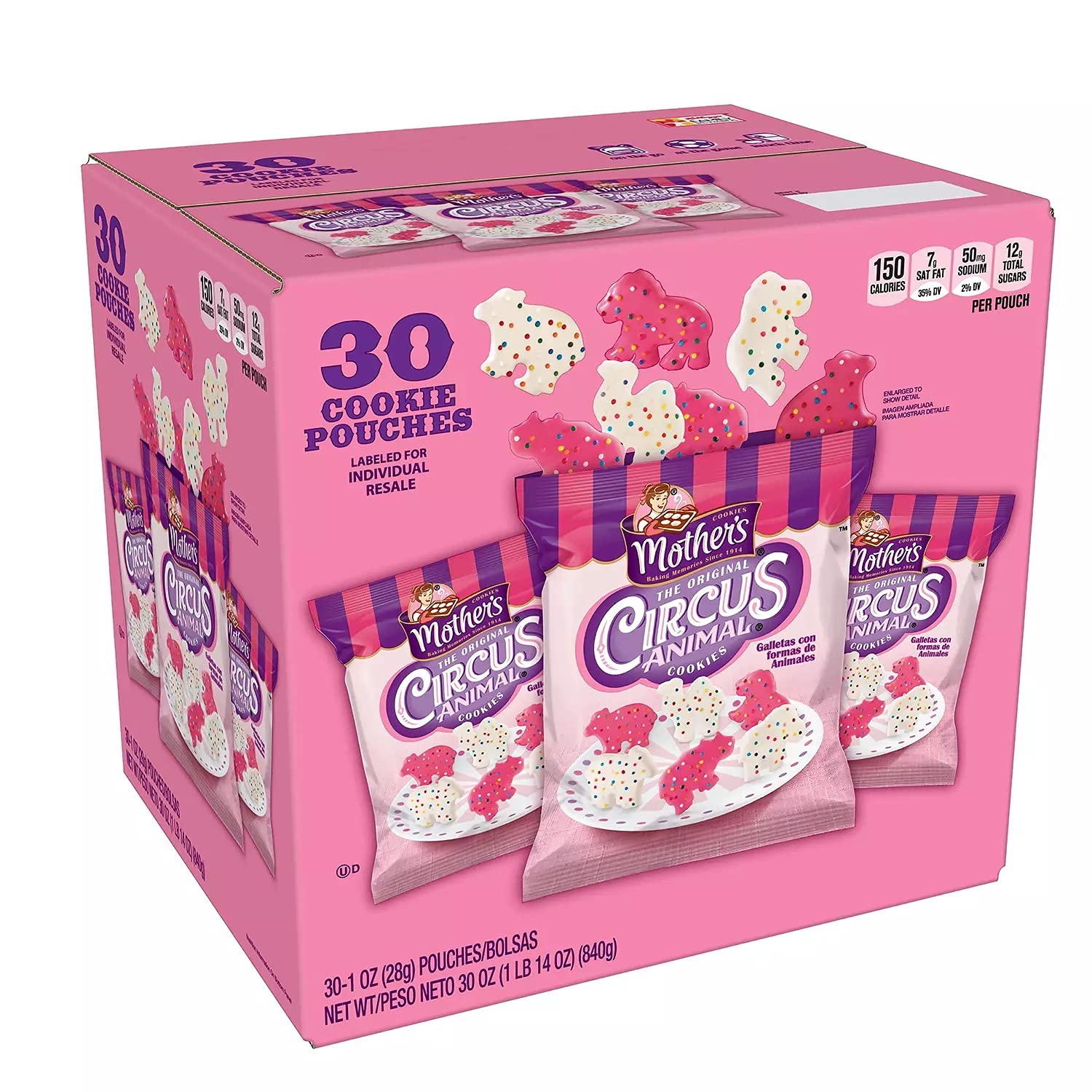 Mother's Circus Animal Cookies - 30 Count (4 Pack) - Colorful Vanilla Frosted Cookies for Kids Birthday Parties, School Events & Holiday Celebrations