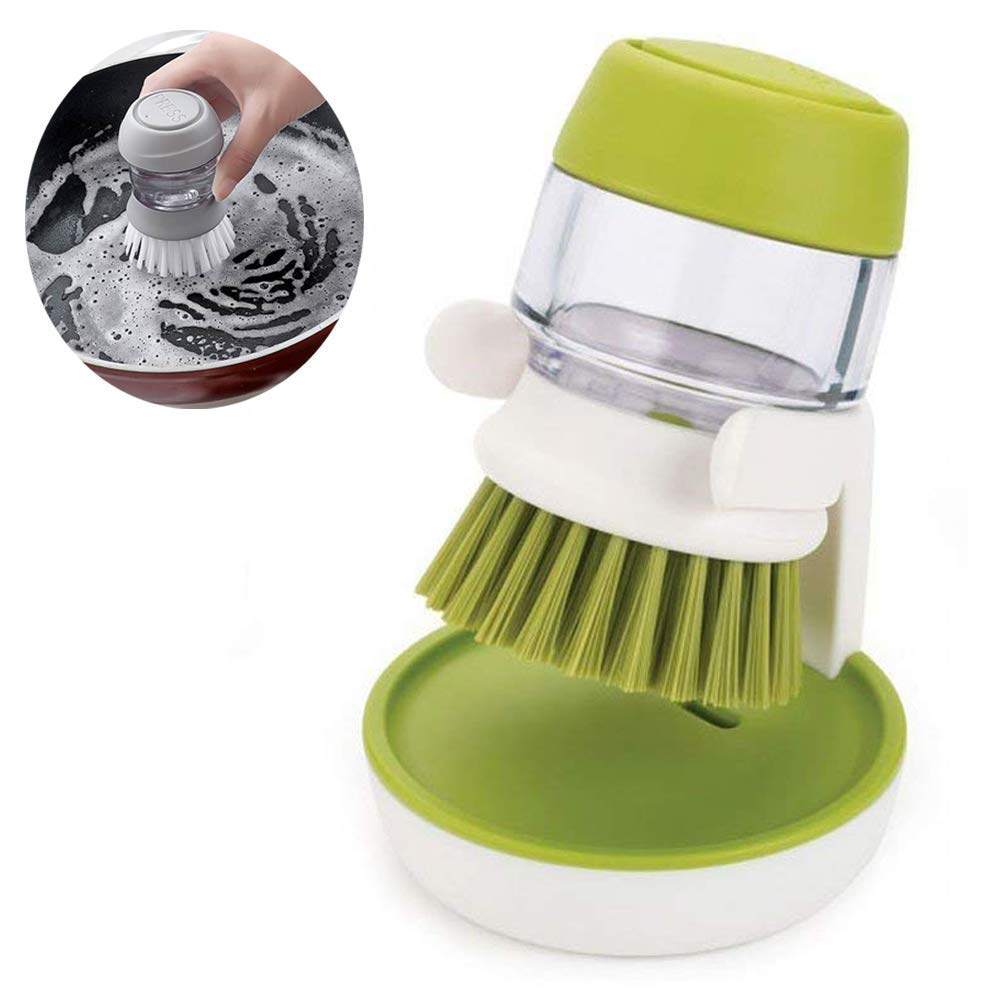 QONETIC Kitchen Sink Cleaning Brush with Built-in Soap Dispenser - Dish Scrubber with Storage Stand Holder, Palm Scrub Brush for Washing Dishes - Perfect for Kitchen, Bathroom, and Outdoor Cleaning (SDWB.01)