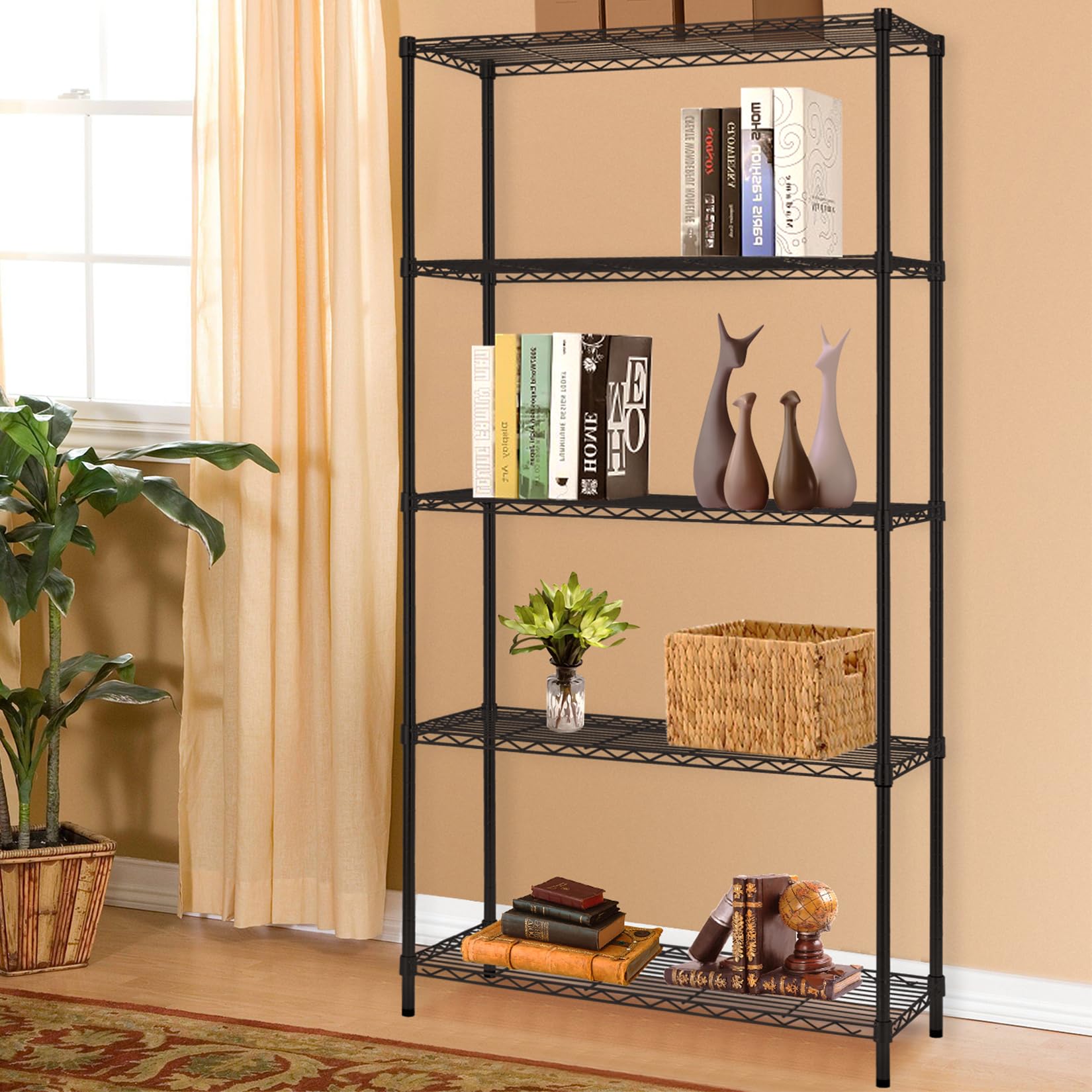 5-Tier Heavy Duty Metal Wire Shelving Unit - 1250Lbs Capacity Adjustable Storage Rack with Leveling Feet for Garage, Kitchen, Commercial Use | Black Standing Shelf for Home Organization & Warehouse Storage