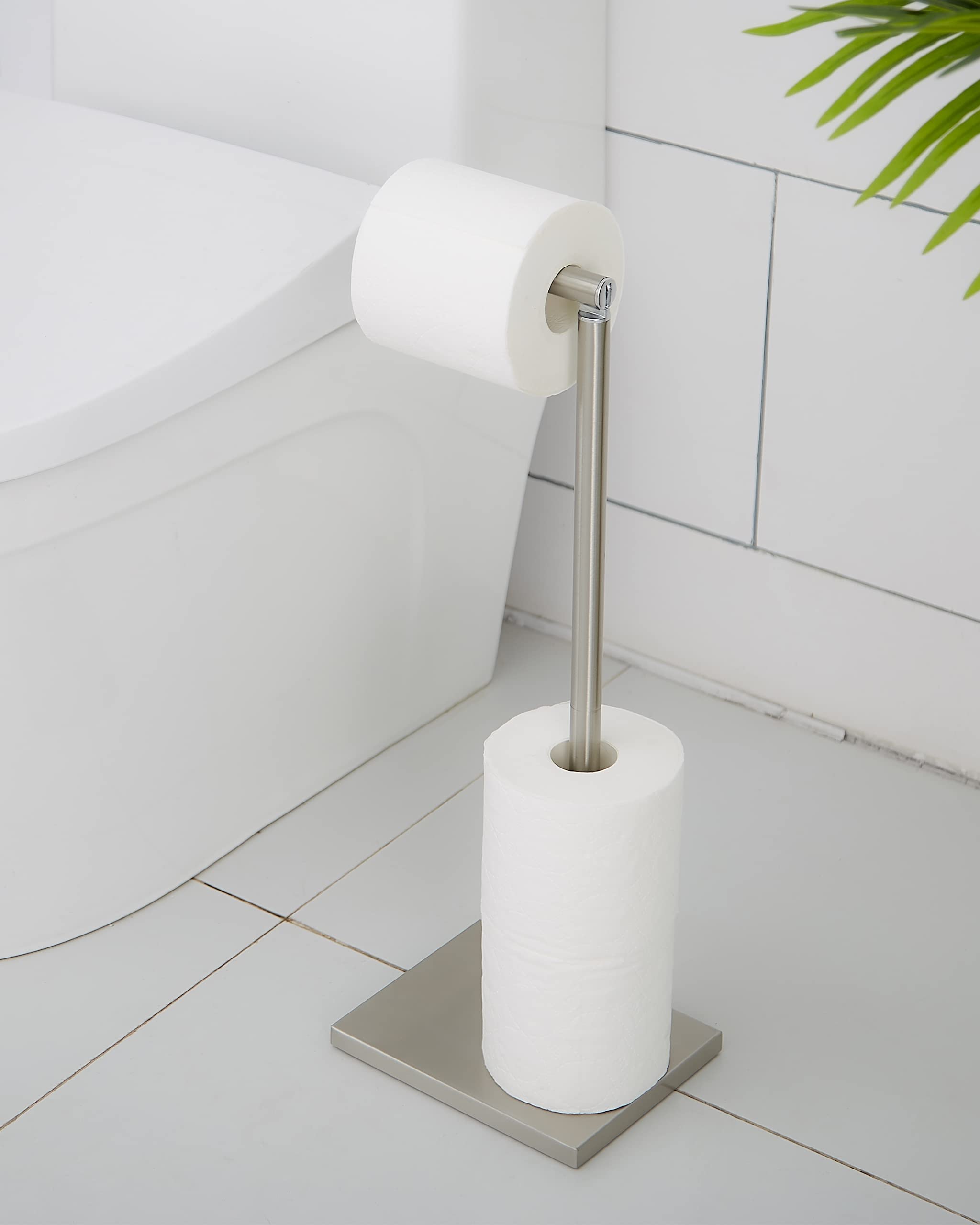 Stainless Steel Free Standing Toilet Paper Holder Stand with Reserve - Bathroom Tissue Roll Dispenser for Home, Office & RV Use
