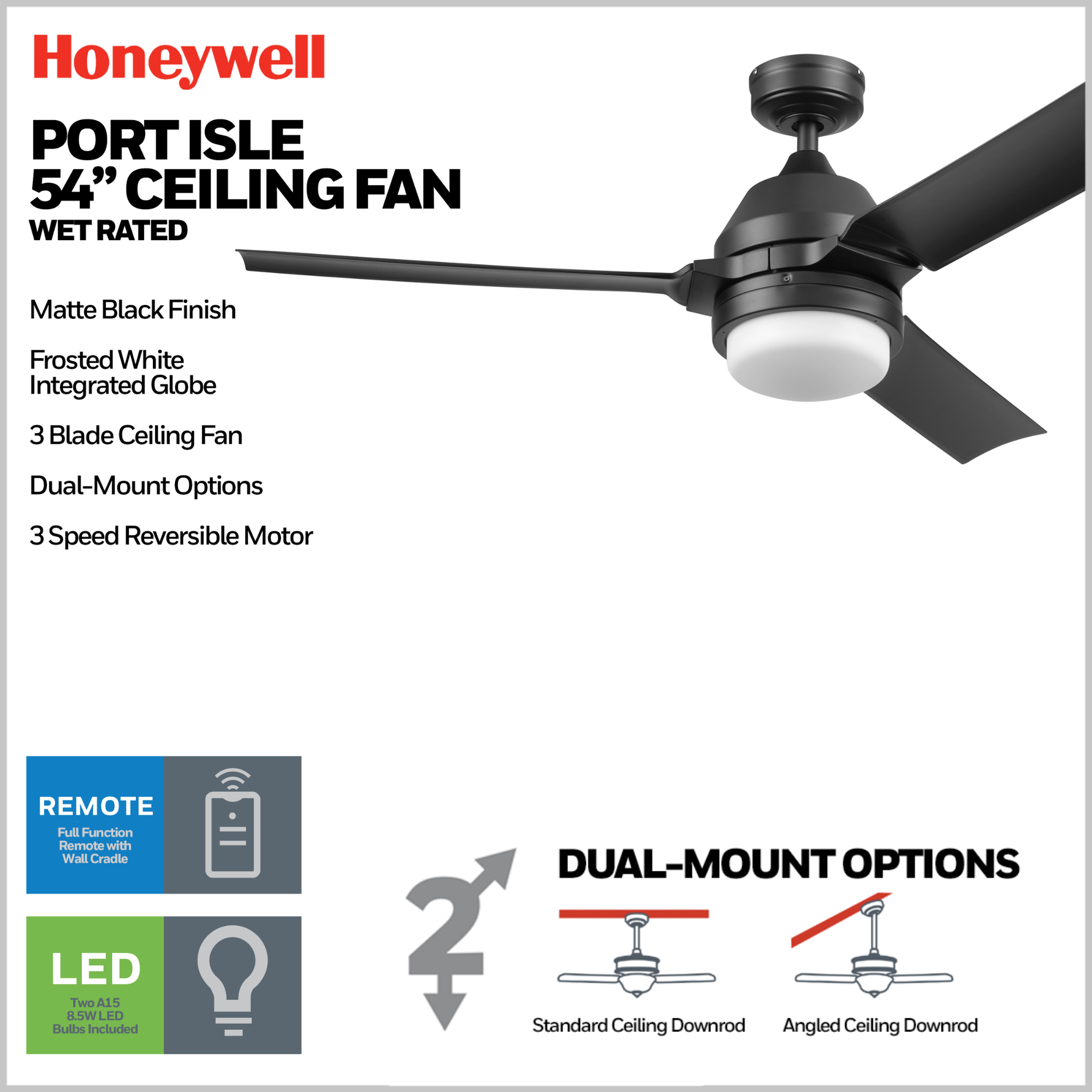 54 Inch Honeywell Port Isle Matte Black Ceiling Fan with Light Kit and Remote Control - Perfect for Living Room, Bedroom, and Outdoor Patio Cooling