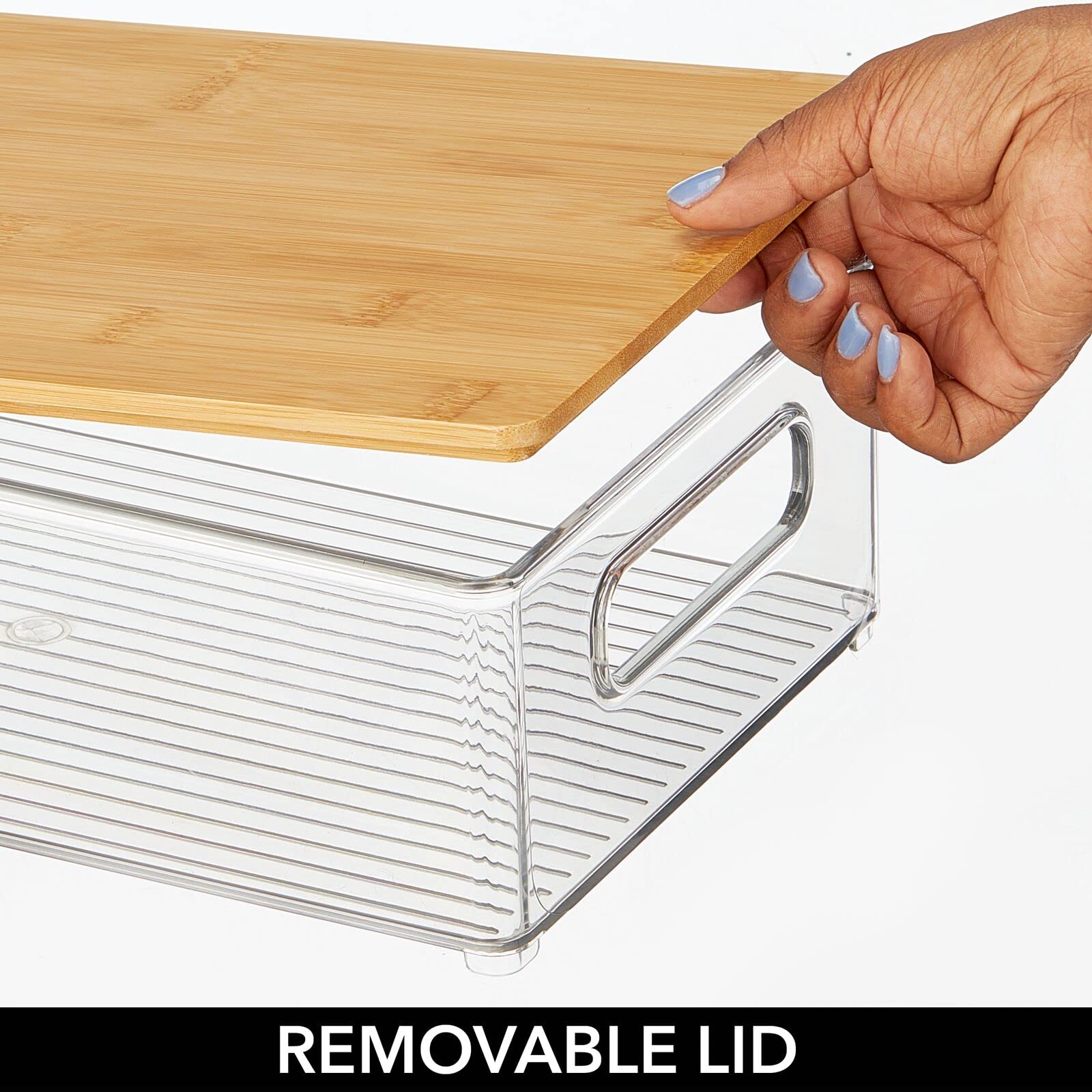 mDesign Plastic Stackable Kitchen Pantry Cabinet Organizer - 8-Pack Clear/Natural Food Storage Bins with Built-In Handles & Bamboo Lids - Perfect for Fruits, Jars, Snacks, Pasta Organization - Ideal for Pantry, Kitchen Countertop, and Cabinet Storage Solutions