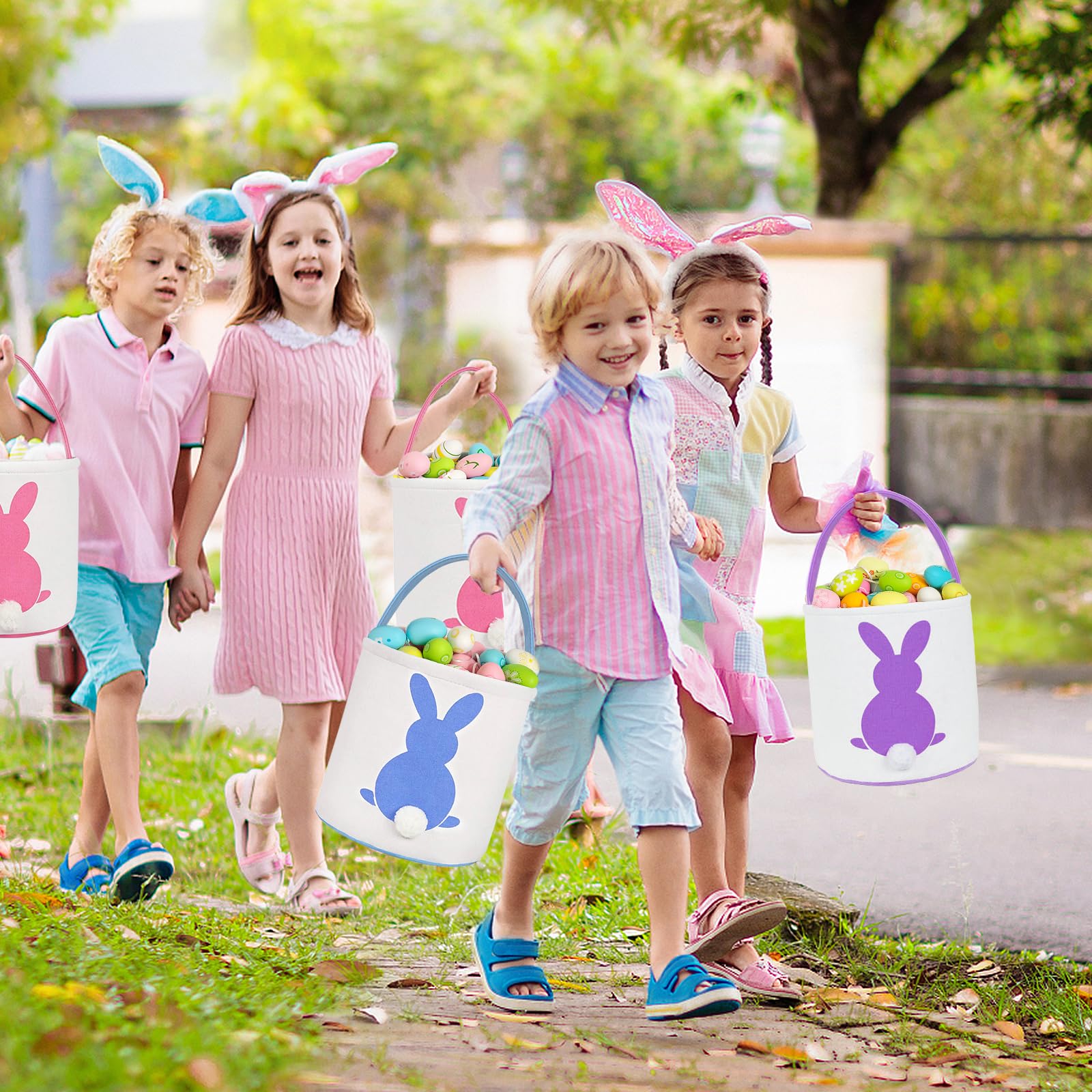 Easter Bunny Baskets for Kids - 3 Pack Canvas Easter Egg Hunt Bags, Rabbit Themed Gift Toys & Tote Buckets (Purple, Pink, Blue) - Perfect for Easter Egg Hunts, Party Favors & Spring Celebrations