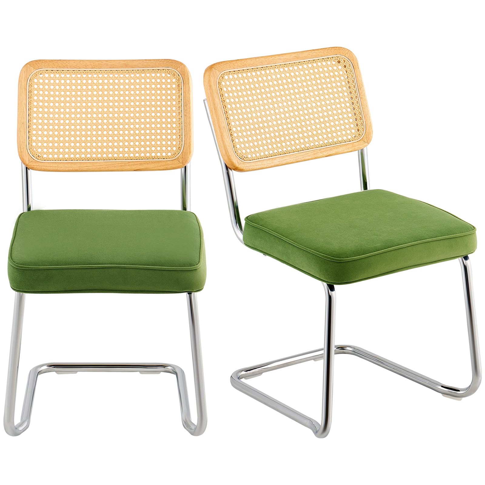 VEVOR Rattan Dining Chairs Set of 2 - Mid Century Modern Velvet Upholstered Accent Chairs with Woven Rattan Back - 18.1 Inch Retro Kitchen & Dining Room Chairs for Living Room, Bedroom, Patio - Comfortable Seating for Home Decor & Entertaining